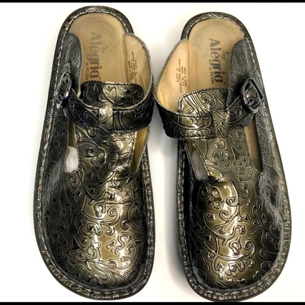 Alegria metallic pewter embossed slip on clogs 11